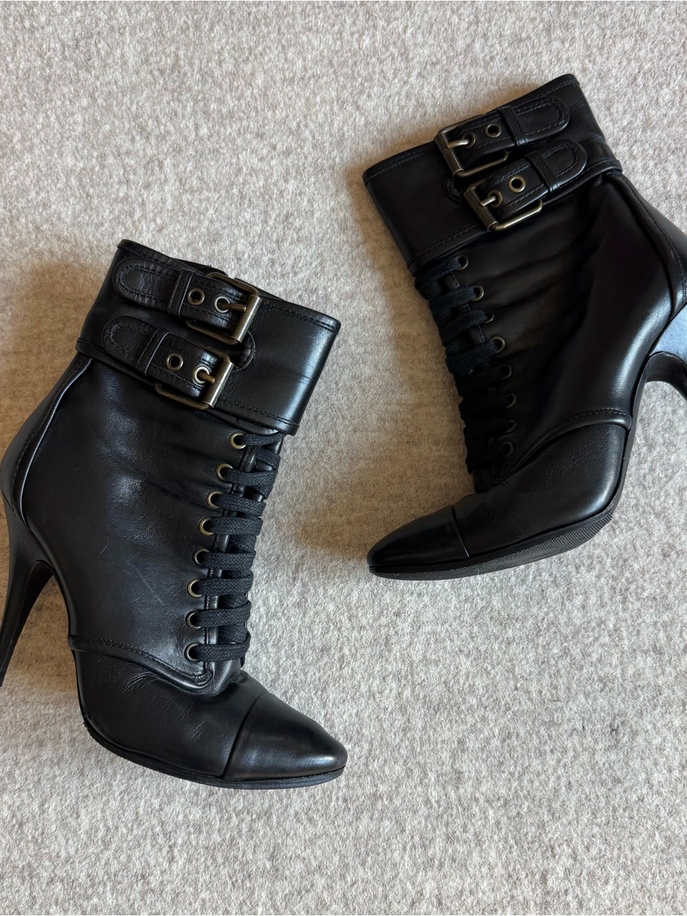 Balmain Black Leather Lace-Up Ankle Boots with Buckle Cuffs